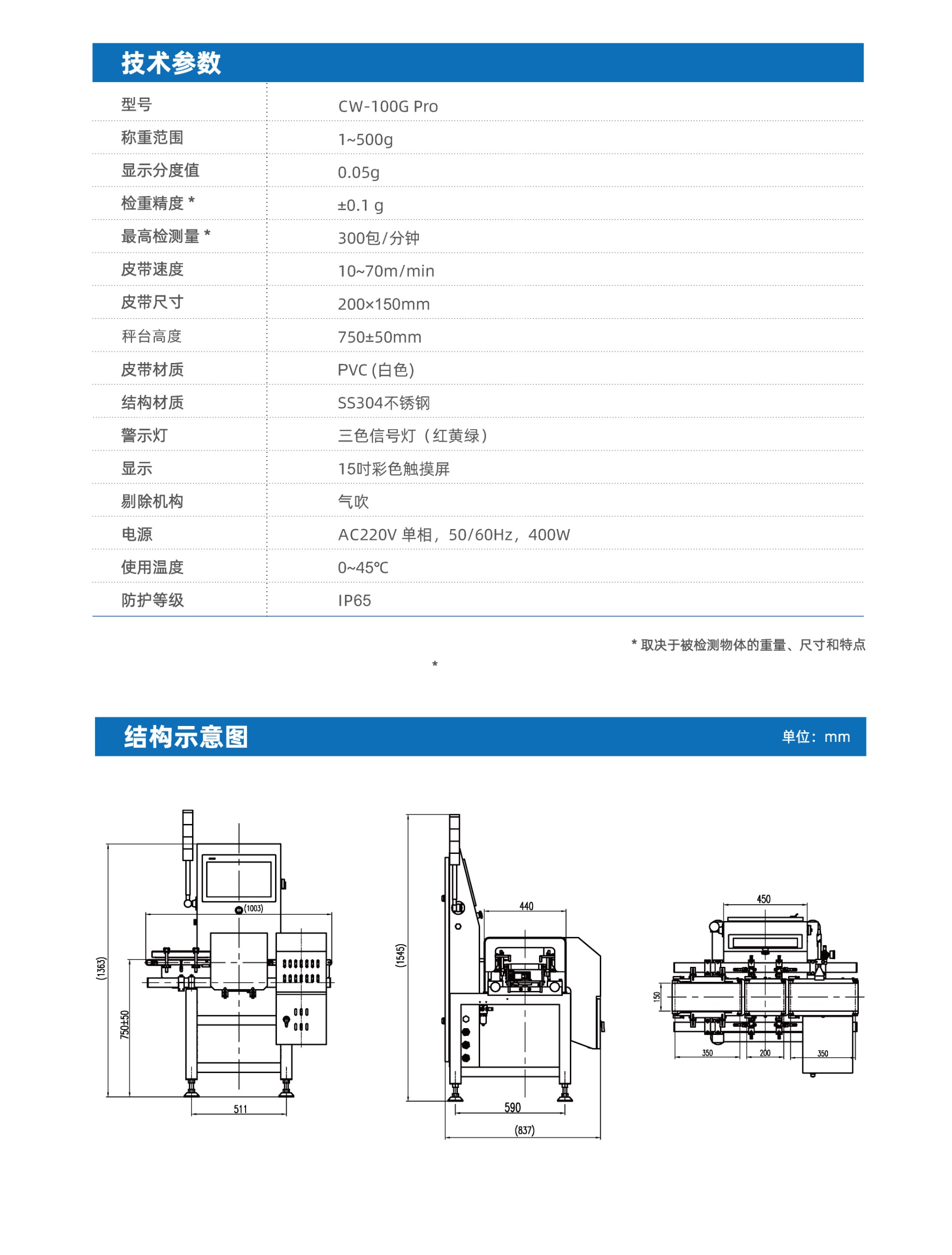 PHISHINE菲軒CW-100G Pro動(dòng)態(tài)皮帶檢重秤參數(shù)
