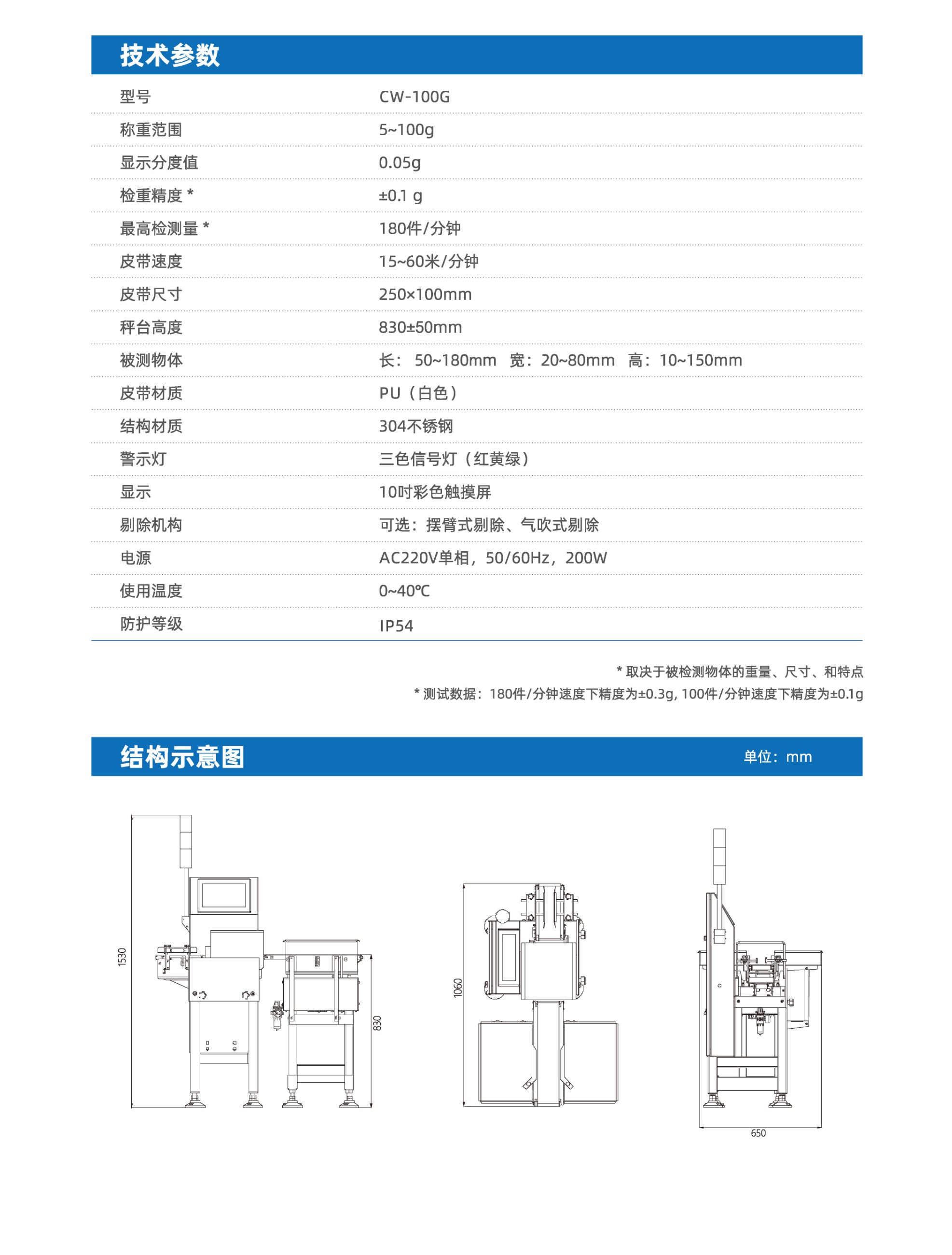PHISHINE菲軒CW-100G動態(tài)皮帶檢重秤參數(shù)